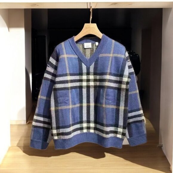 NEW Authentic Burberry Kid’s Blue Check Intarsia Wool Cashmere Sweater - Picture 1 of 8